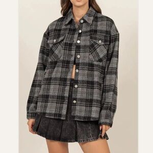 HYFVE Black Grey Oversized Plaid Shacket Shirt Western L Cowgirl Country Comfy
